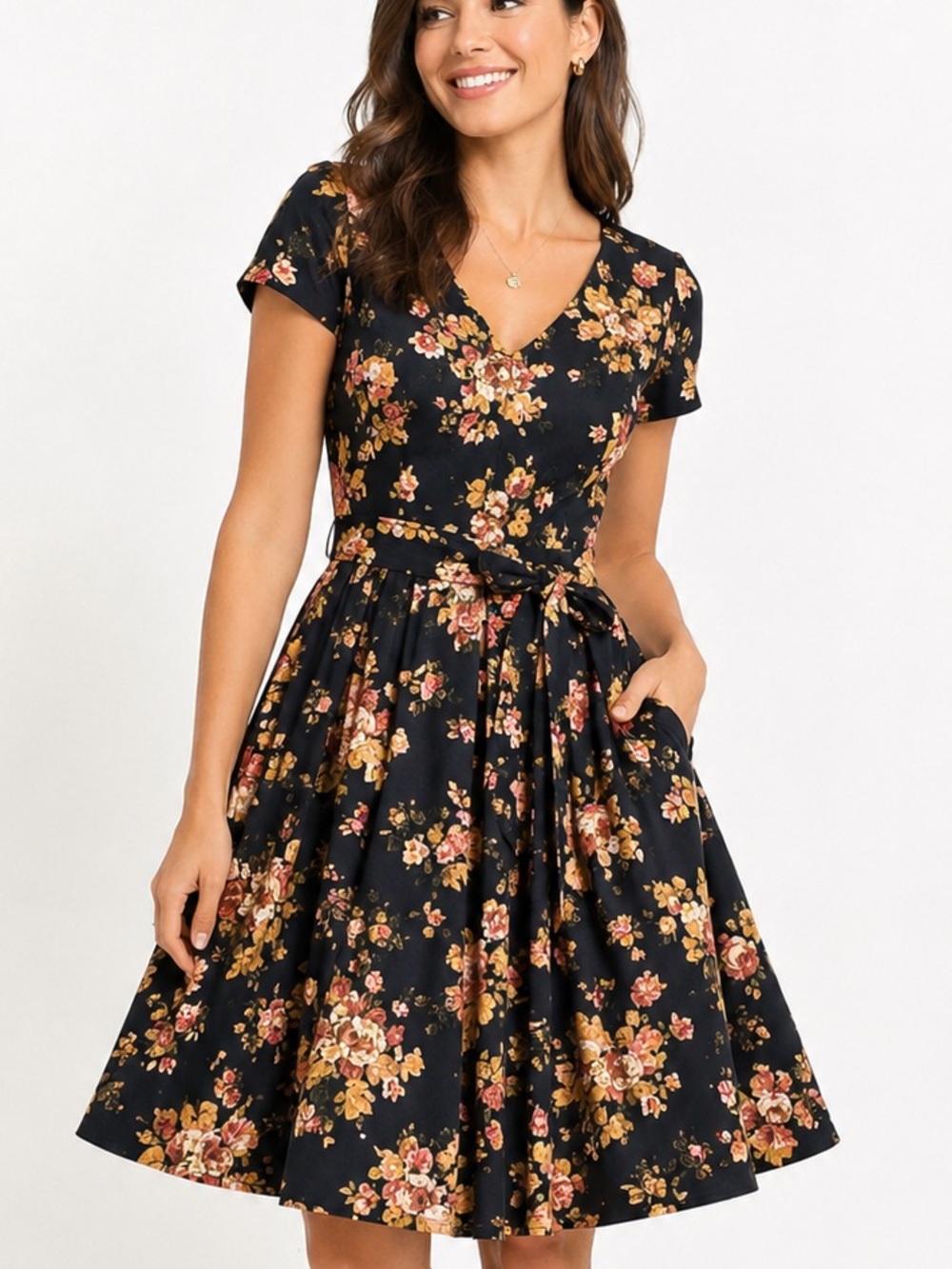 ModCloth Floral Dress XS Navy Fit Flare Tie Waist Pockets Fall Wedding Guest
